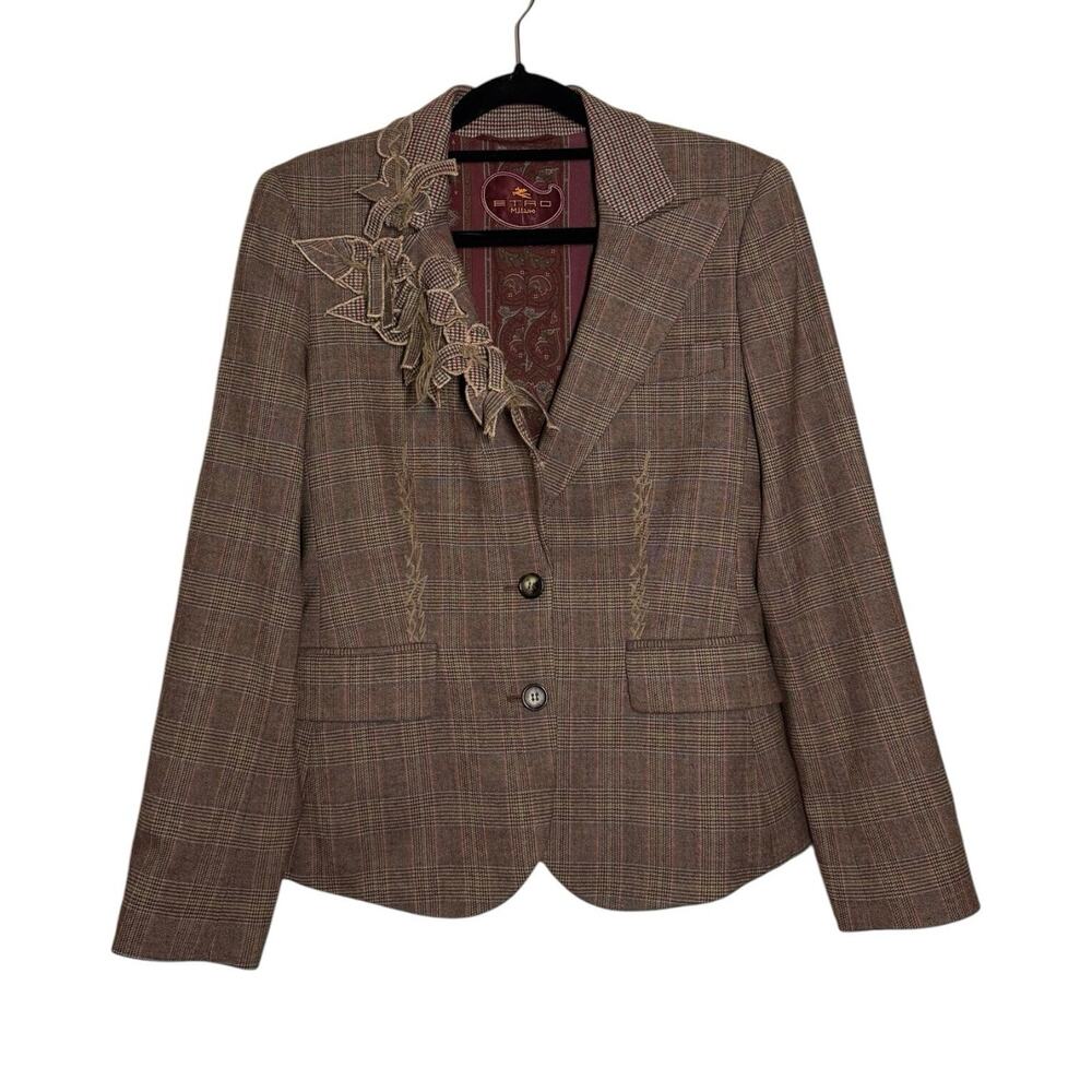 Etro Milano Brown Plaid Check Floral Bow Appliqué Wool Blend Blazer IT 40 / US 2